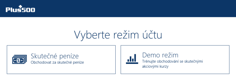 Výběr typu účtu u brokera Plus500 - forex demo účet a reálný účet (platforma Windows)