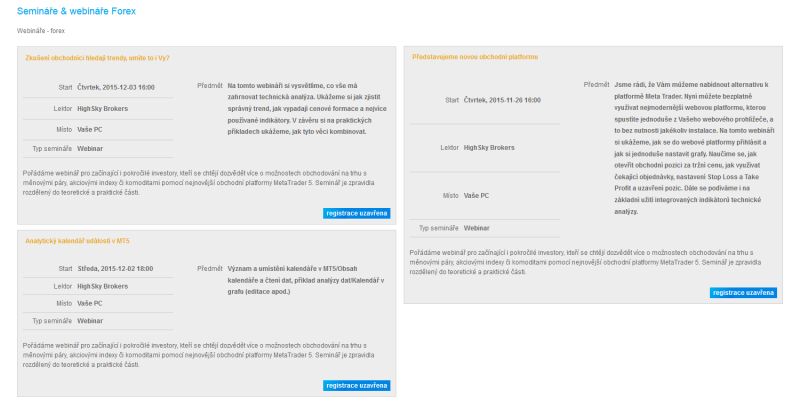 Semináře / webináře pořádané brokerem
