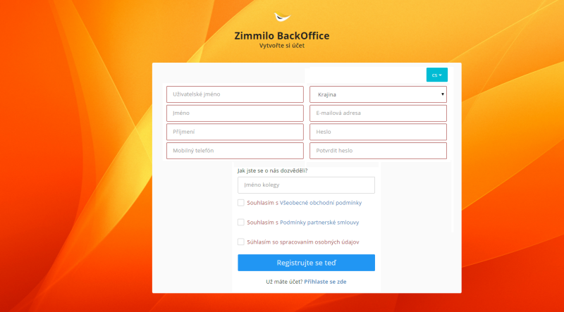 Registrační formulář na webu zimmilo.com