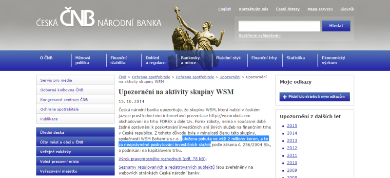 Upozornění na aktivity WSM na webu CNB.cz